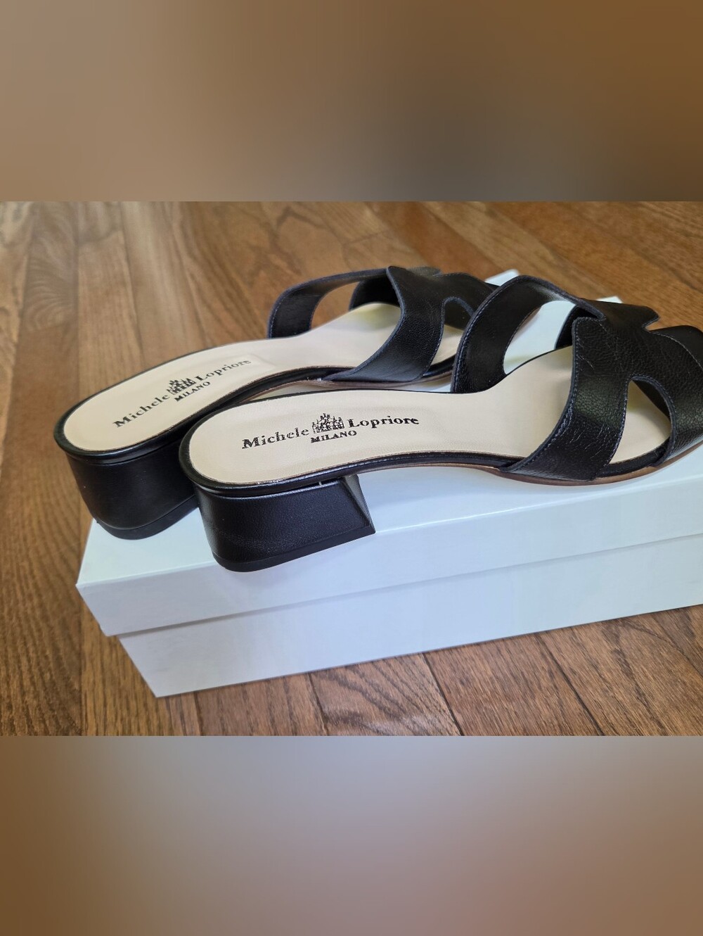 Michele Lopriore Milano Black Leather Block Heel Mules Sandals EU 40 US 9.5 NIB